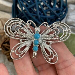 Vintage Signed Gerrys Butterfly Turquoise Cabochon Bead Silver Plated Brooch Pin